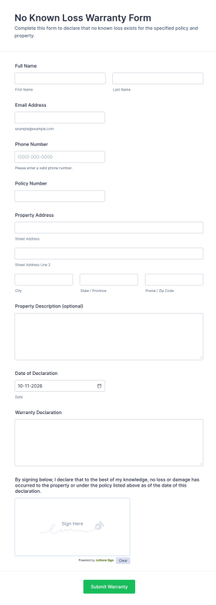 No Known Loss Warranty Form Template