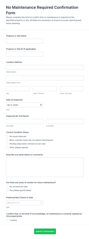 No Maintenance Required Confirmation Form Template