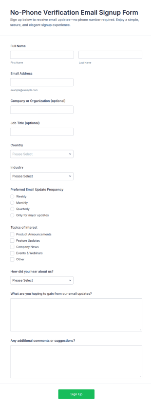 No Phone Verification Email Signup Form Template