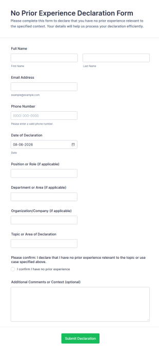 No Prior Experience Declaration Form Template