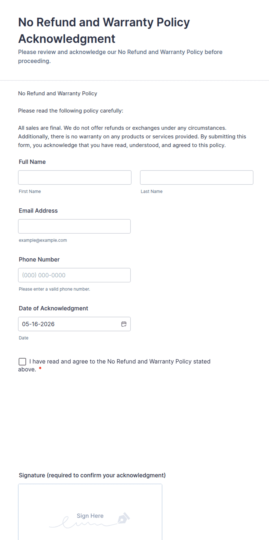 No Refund and Warranty Policy Acknowledgment Form Template Jotform