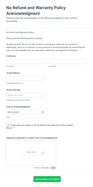 No Refund And Warranty Policy Acknowledgment Form Template