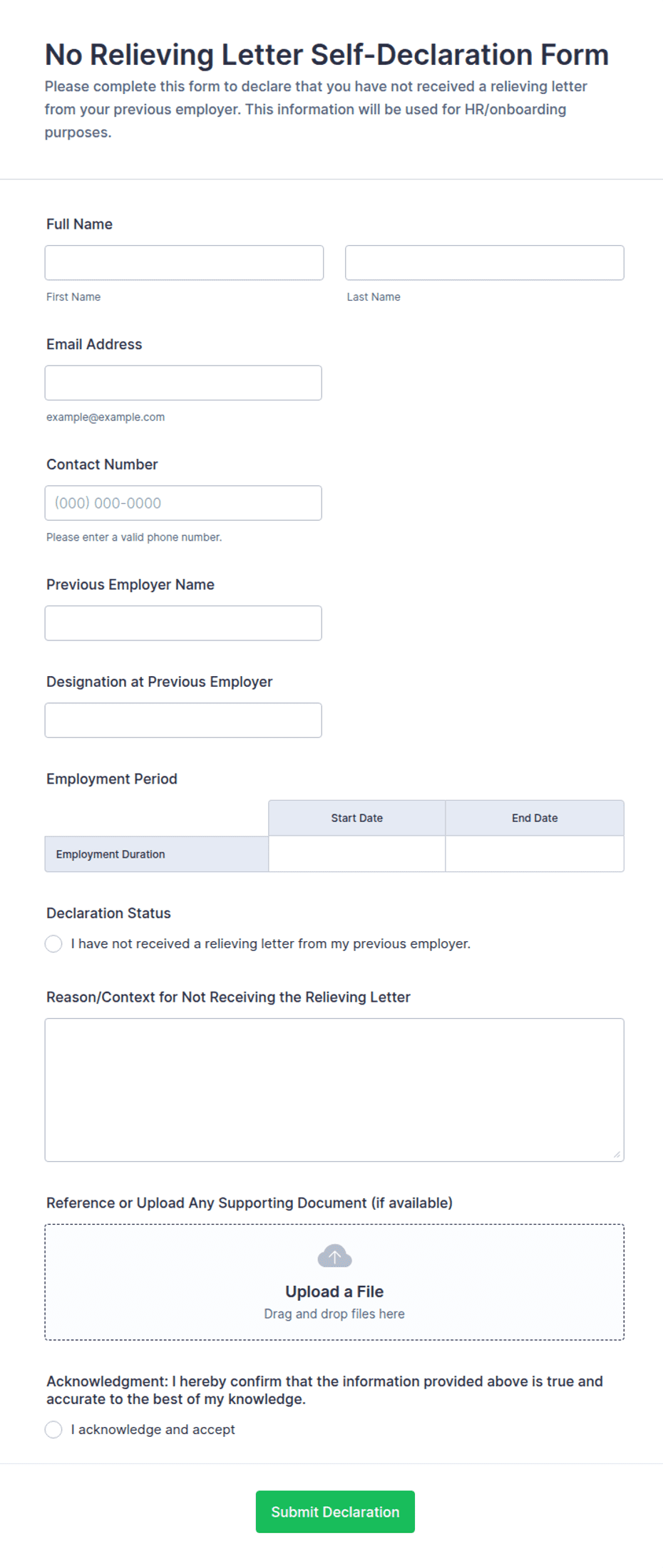 No Relieving Letter Self-Declaration Form Template | Jotform