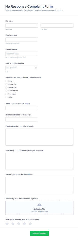 No Response Complaint Form Template