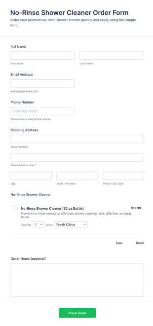 No Rinse Shower Cleaner Order Form Template
