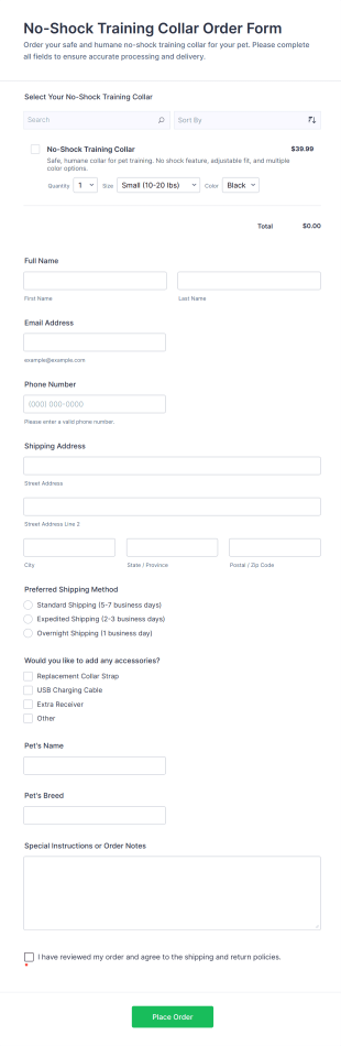 No Shock Training Collar Order Form Template