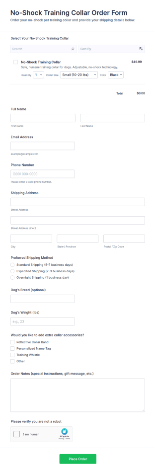 No Shock Training Collar Order Form Template