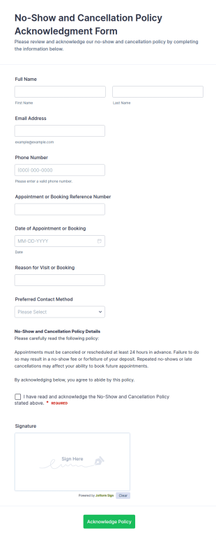 No Show And Cancellation Policy Acknowledgment Form Template