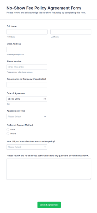 No Show Fee Policy Agreement Form Template