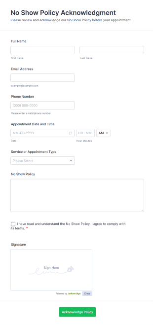 No Show Policy Acknowledgment Form Template