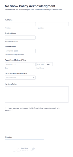 No Show Policy Acknowledgment Form Template