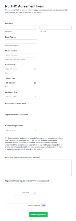 No THC Agreement Form Template