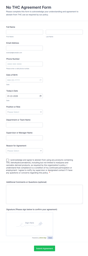 No THC Agreement Form Template