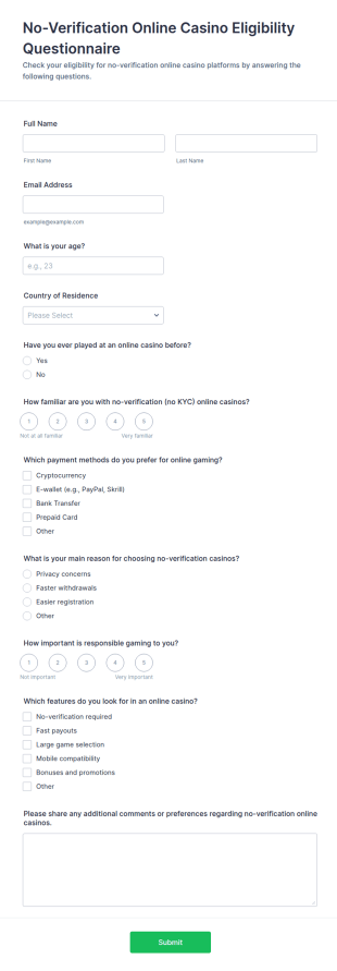 No Verification Online Casino Eligibility Questionnaire Form Template