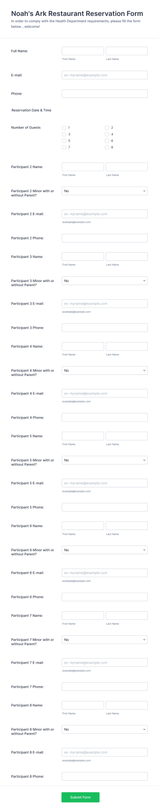 Noah's Ark Restaurant Reservation Form Template
