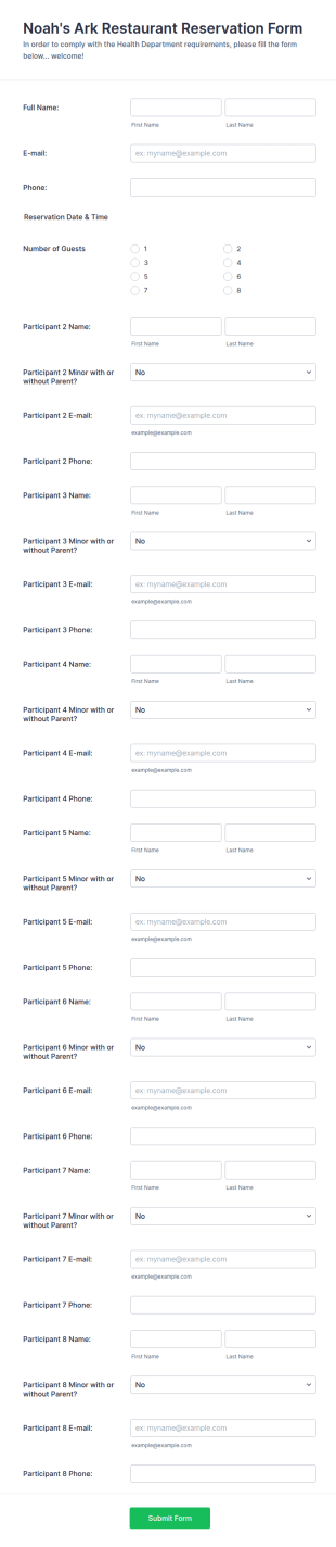 Noah's Ark Restaurant Reservation Form Template