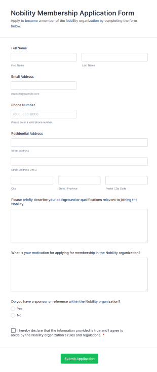 Nobility Membership Application Form Form Template