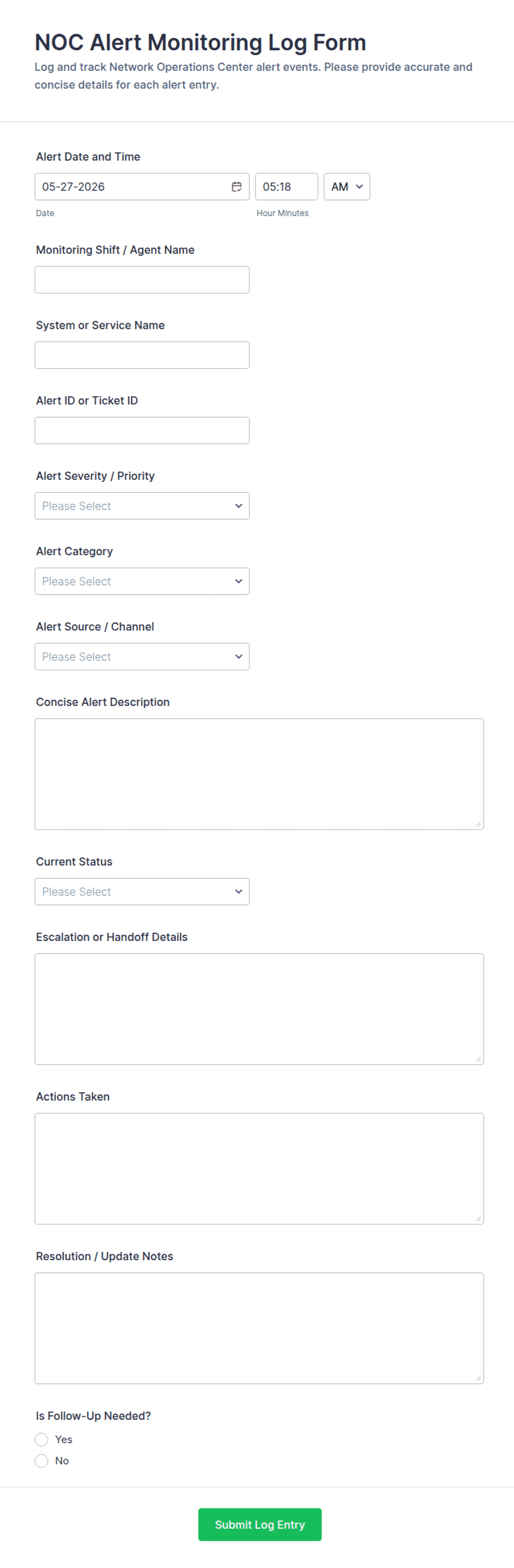 Alert Raw Log Example NOC Alert Monitoring Log Form Template | Jotform