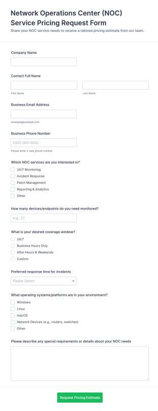 NOC Service Pricing Request Form Template