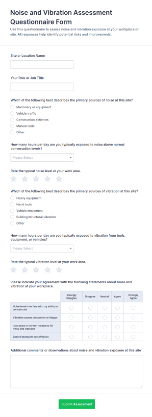 Noise And Vibration Assessment Questionnaire Form Template