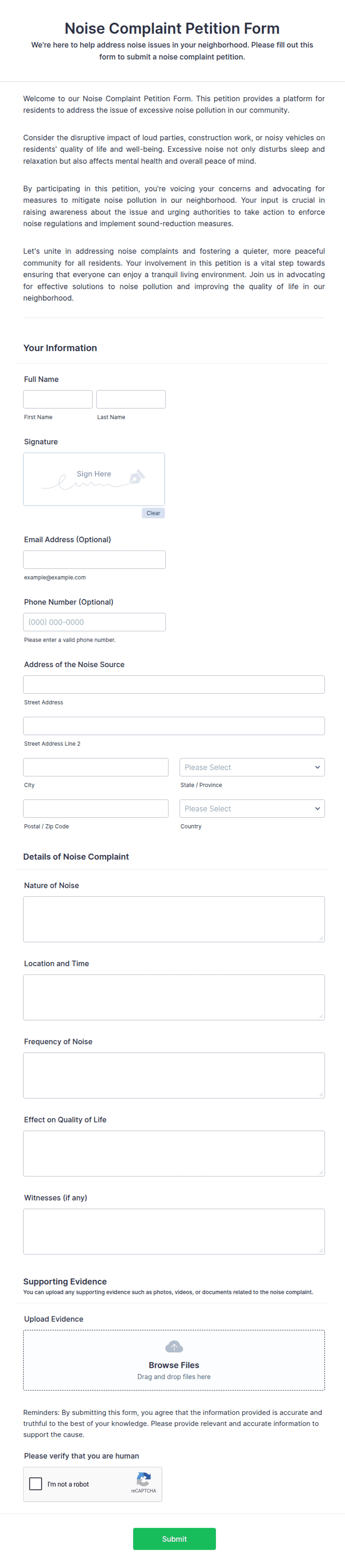 Noise Complaint Petition Form Template | Jotform