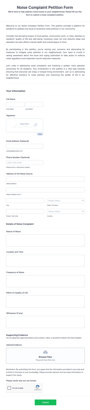 Noise Complaint Petition Form Template