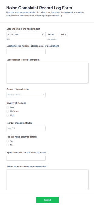Noise Complaint Record Log Form Template