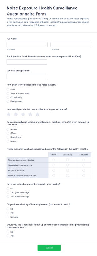 Noise Exposure Health Surveillance Questionnaire Form Template