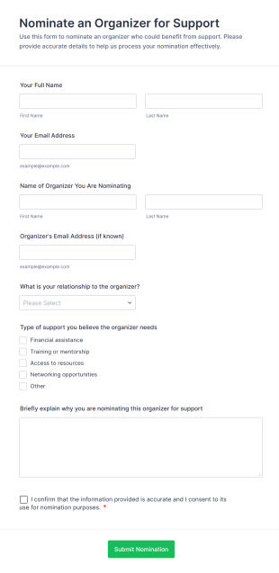 Nominate An Organizer For Support Form Template
