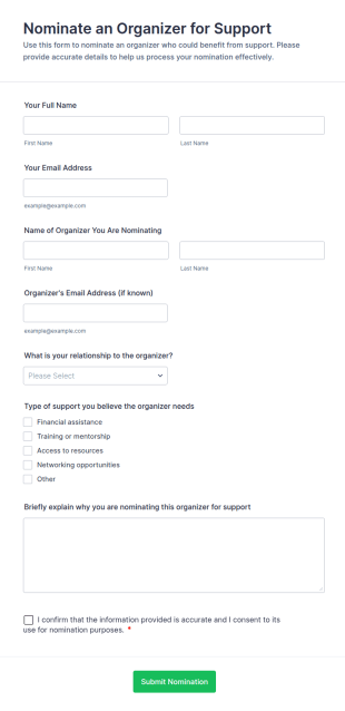 Nominate An Organizer For Support Form Template
