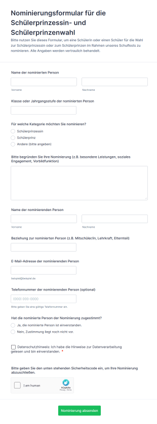 Nominierungsformular Für Die Schülerprinzessin Und Schülerprinzenwahl