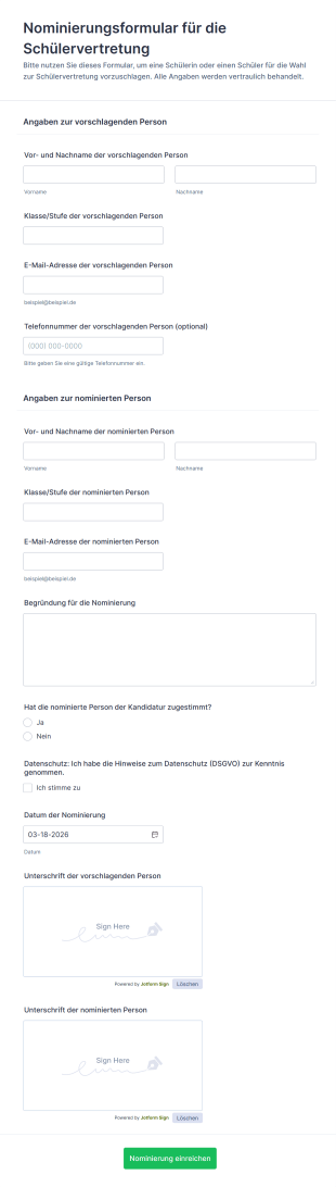Nominierungsformular Für Die Schülervertretung
