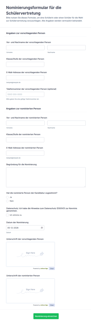 Nominierungsformular Für Die Schülervertretung