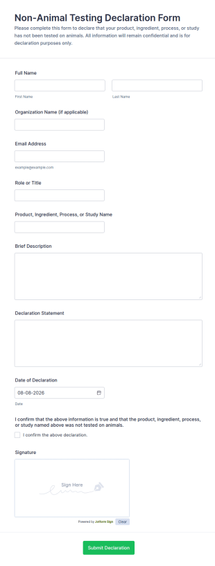 Non Animal Testing Declaration Form Template