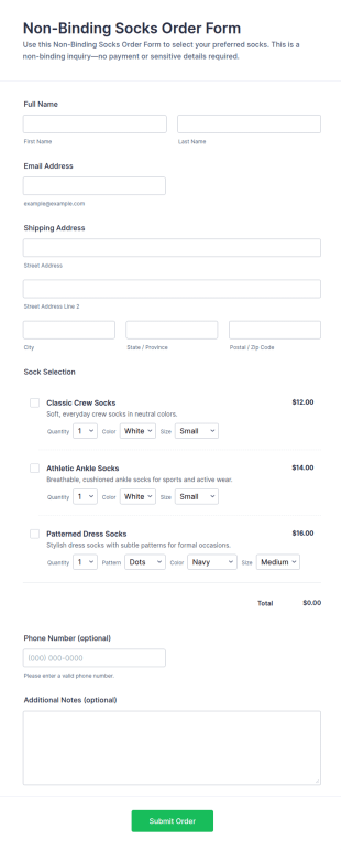 Non Binding Socks Order Form Template