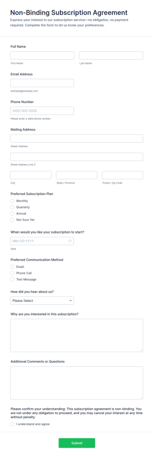 Non Binding Subscription Agreement Form Template