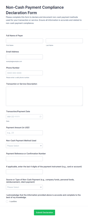 Non Cash Payment Compliance Declaration Form Template