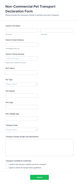 Non Commercial Pet Transport Declaration Form Template