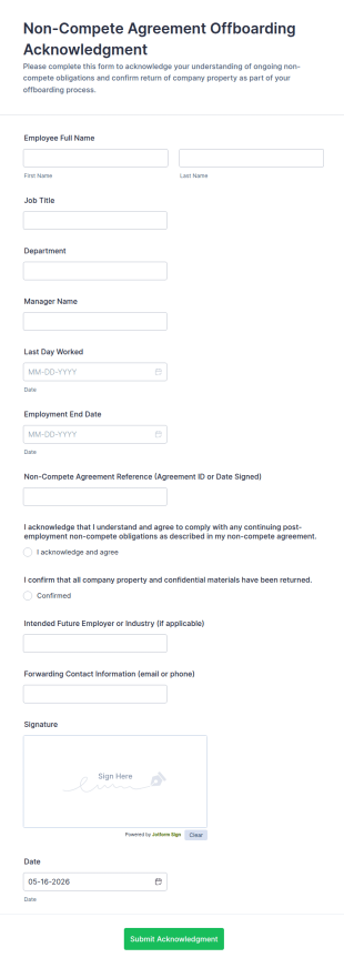 Non Compete Agreement Offboarding Acknowledgment Form Template