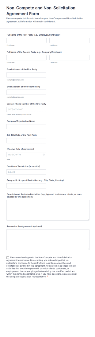Non Compete And Non Solicitation Agreement Form Template
