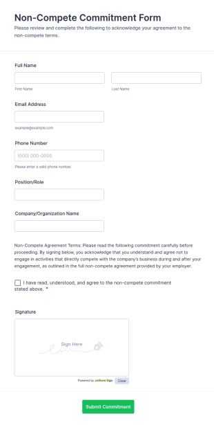 Non Compete Commitment Form Template
