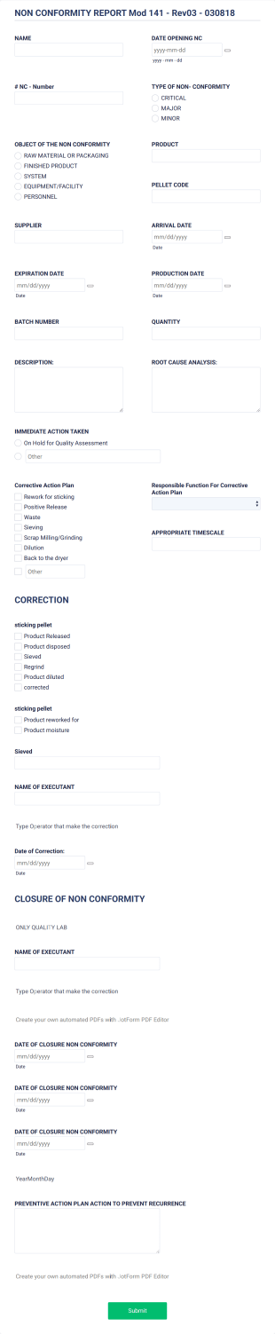 Non Conformity Report Form (NCR) 111119