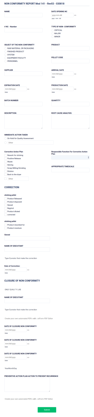 Non Conformity Report Form (NCR) 111119
