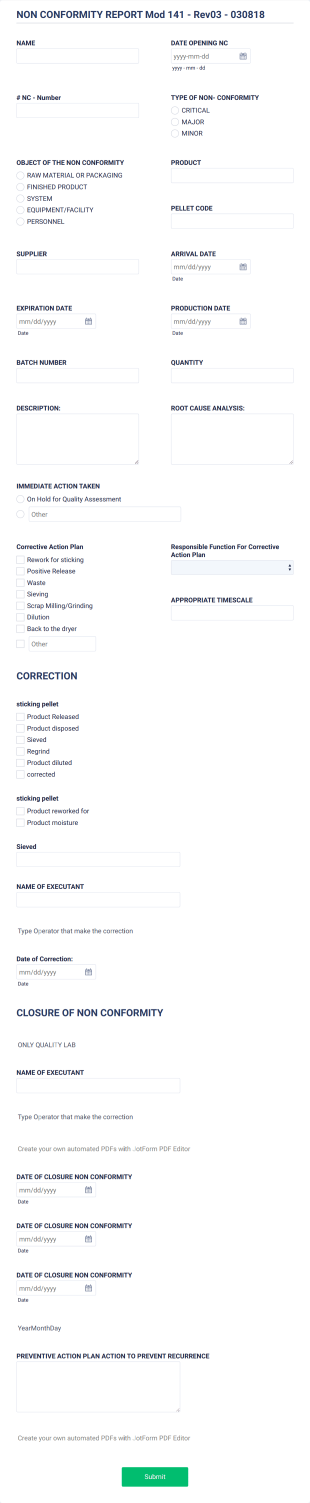 Non Conformity Report Form (NCR) 111119 Form Template