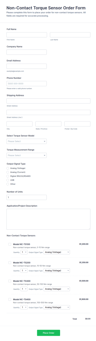 Non Contact Torque Sensor Order Form Template