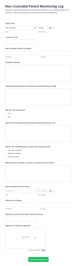 Non Custodial Parent Monitoring Log Form Template
