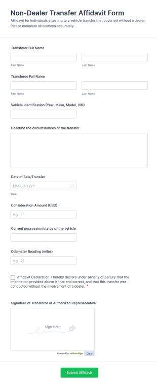 Non Dealer Transfer Affidavit Form Template