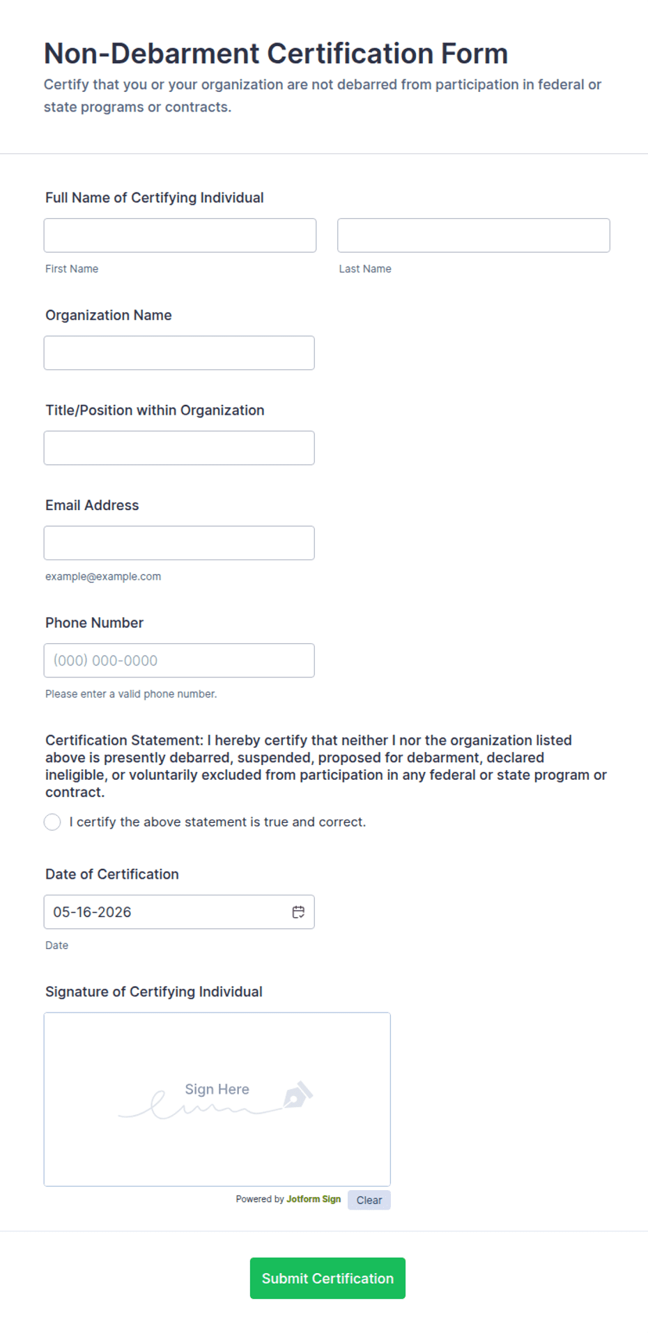 Non-Debarment Certification Form Template | Jotform