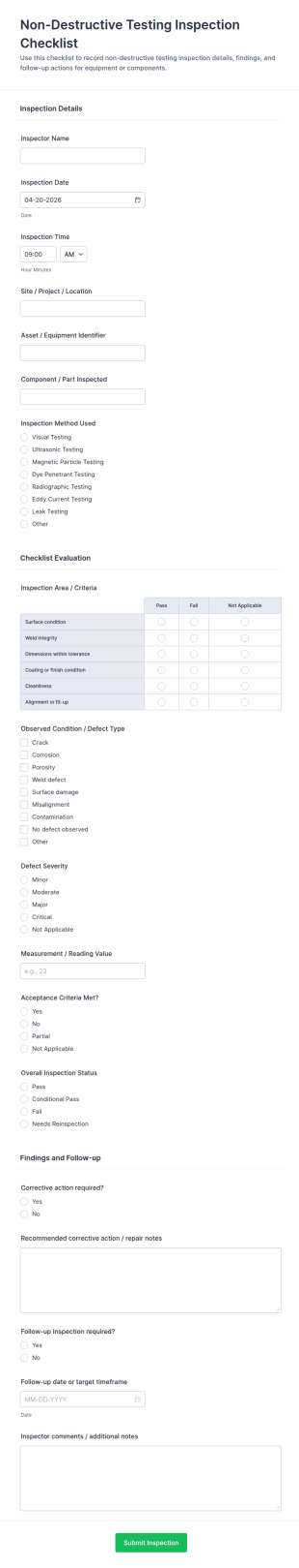 Non Destructive Testing Inspection Checklist Form Template