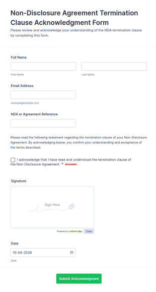 Non Disclosure Agreement Termination Clause Acknowledgment Form Template